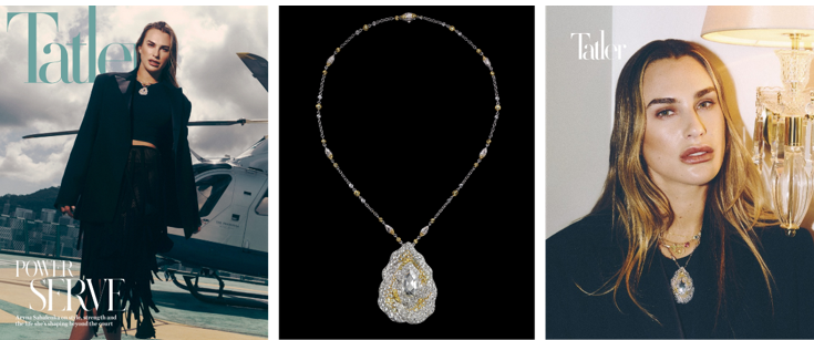 阿丽娜·萨巴伦卡（Aryna Sabalenka）佩戴来自Carnet Jewellery的Fleur d'Or Blanc系列以铂金、白金及黄金打造，并镶嵌白色与黄色天然钻石项链（中图）（图片源自《Tatler Hong Kong》）