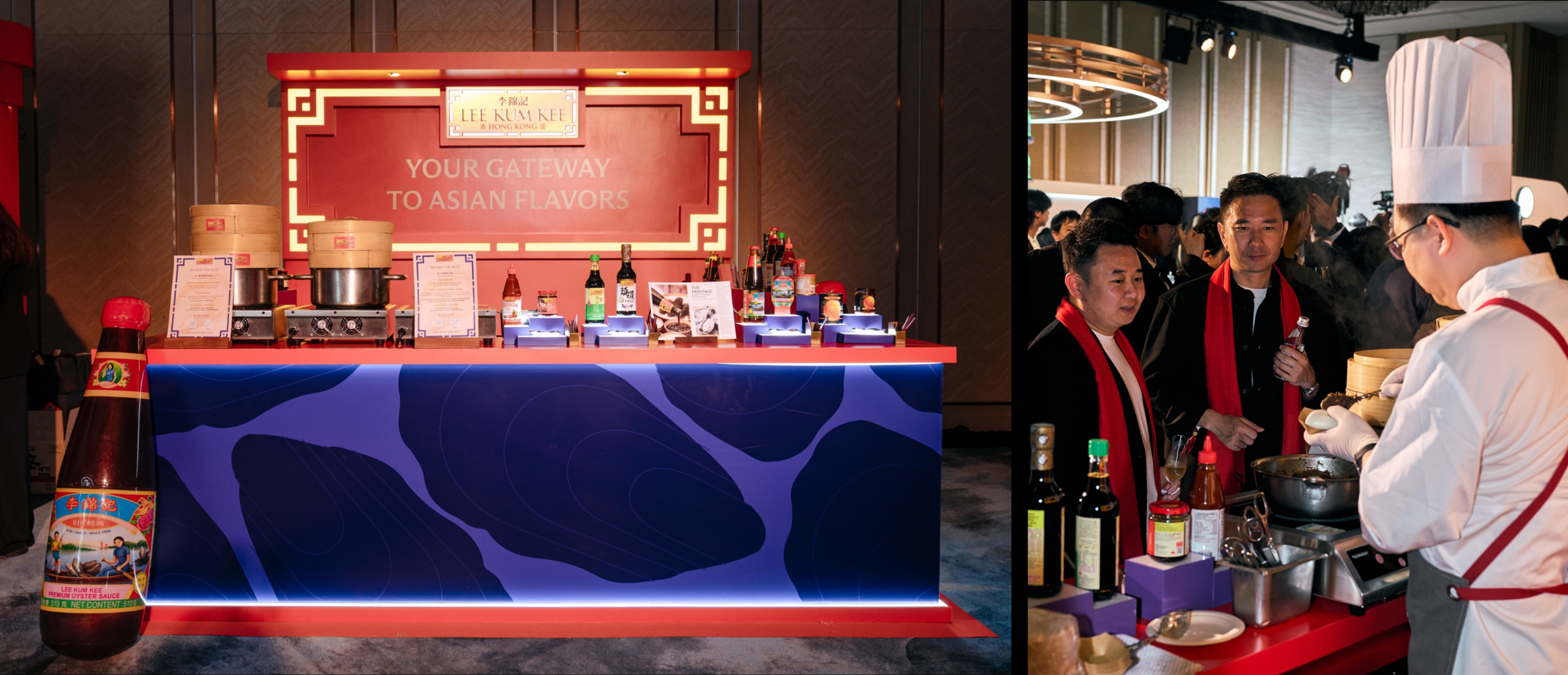宾客于李锦记展位品尝创意小食,包括牛颊肉刈包及赛螃蟹鲜虾饺,交流烹饪心得。